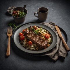 A branded biodegradable cutlery set with a gourmet meal.
