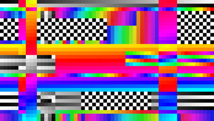Poster - Weird Pixels Glitch Effect Abstract Background. Glitched Stripes and Random Pixels Television Screen. Distorted Glitch Effect. NO SIGNAL TV Frame Vector.