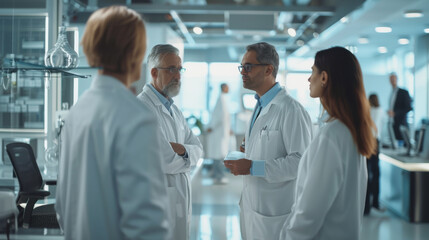 Group of scientists in white lab coats having a discussion in a state-of-the-art laboratory setting.