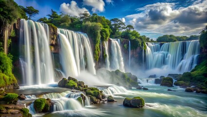 a majestic waterfall with multiple cascades. The water flows powerfully over a cliff into a serene pool below