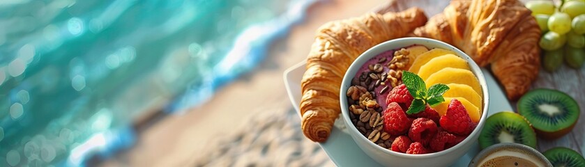 Wall Mural - A closeup top view of a breakfast table with a smoothie bowl