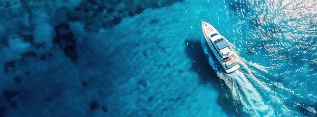 Wall Mural - Aerial top view of a speedboat in the blue sea