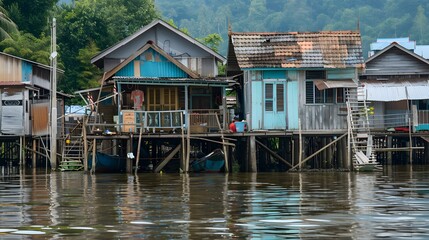 Wall Mural - Stilt house, representing the unique architecture of Southeast Asia. Wooden house elevated on sturdy stilts above the water, as commonly seen in floating villages