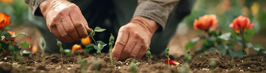 a man plants seeds and seedlings in the ground, working in the garden