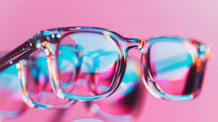 Translucent Glasses with Chromatic Aberration Glitch on Pink Background.