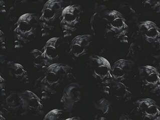 A dark, seamless pattern of skulls.  The skulls are all facing forward and have empty eye sockets.  The pattern is perfect for use in horror or Halloween projects.