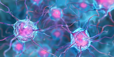 Wall Mural - 3D render of neuron cells in brain with copy space background. Concept Neuron Cells, Brain Anatomy, Medical Illustration, Neurology Research