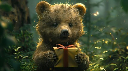 Wall Mural - A cute bear cub holds a gift box with a ribbon surrounded by lush greenery, invoking feelings of surprise and joy as it resembles a teddy bear