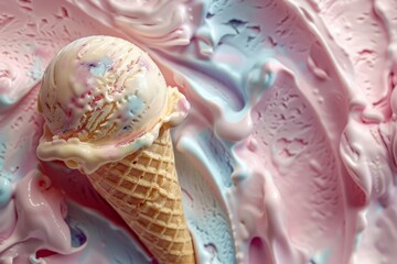 Sticker - Single ice cream scoop in a waffle cone melting over a vibrant swirl of pink and blue pastel colors