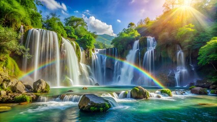 a vibrant natural scene featuring a waterfall with multiple cascades. Sunlight filters through the foliage, creating a bright spot in the sky