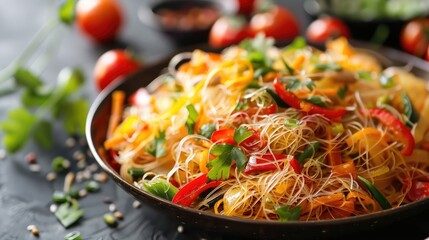 Wall Mural - Fried vegetables with vermicelli in close up shot