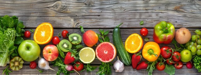 colorful vegetables and fruits placed on a wooden background to import text