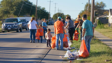 Neighborhood cleanup event with residents of all ages picking up litter and beautifying their surroundings