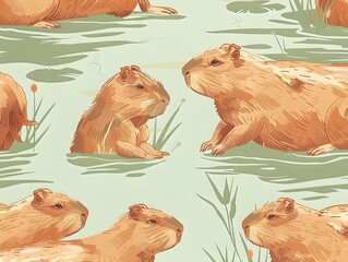 Seamless pattern of capybaras in a pond with grass. Hand-drawn, brown, and green illustration, perfect for textiles and wallpapers.