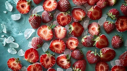 Wall Mural - tiny pieces of freeze-dried strawberries on a bright jade background