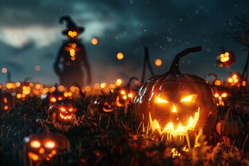 Poster - Pumpkin Patch: A field of glowing jack-o'-lanterns, each with a unique, creepy face