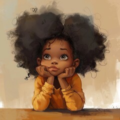 this cartoon illustration shows a black girl in a thinking and doubting pose, on an abstract backgro