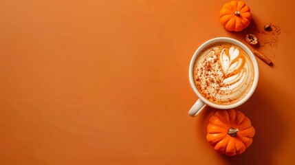 Poster - Seasonal pumpkin spice latte on orange background, copy space for text