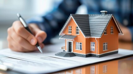 Canvas Print - Abstract view of a house model next to a hand signing a contract, with copy space, emphasizing legal aspects of real estate.