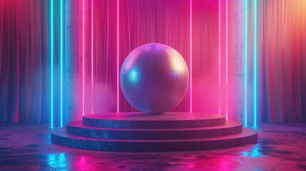 Poster - Futuristic glowing sphere with neon lights. Disco ball in neon lighting on podium or stage
