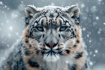 Wall Mural - Face portrait of snow leopard on snowy background