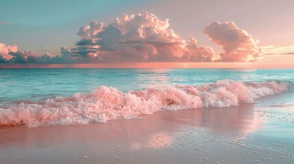 Wall Mural - Soft Pink Waves Breaking Along the Coastline. Pink Beach Background