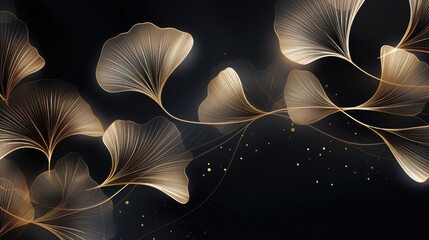 Poster - Abstract luxury art background with ginkgo leaves in gold line art style. Botanical banner for decoration design