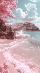 Wall Mural - Soft Pink Waves Breaking Along the Coastline. Pink Beach Background