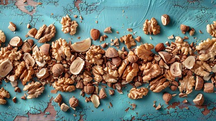 Wall Mural - walnut pieces on a bright teal surface
