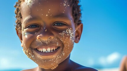 a smiling child with sand on his face looks directly into the camera, blue sky without clouds in the background, 16:9