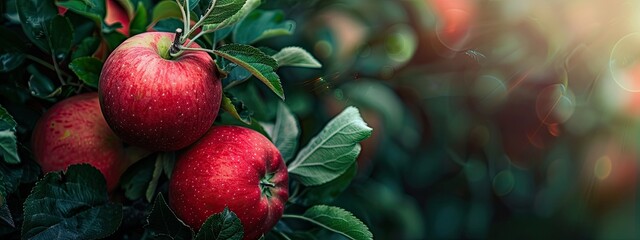 Wall Mural - Ripe red apples in the garden on a tree Leaf dark