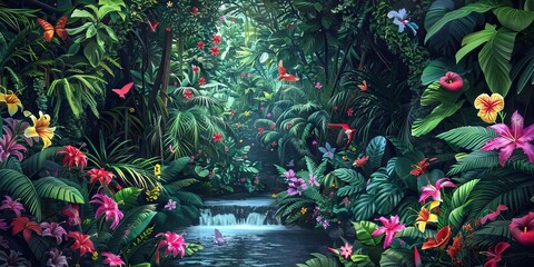 Wall Mural - Dark rainforest sun rays through the trees and birds digital illustration. AI generated illustration.