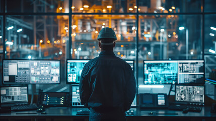 An engineer in a control room on an oil platform, monitoring multiple screens, with the industrial rig visible through the window 