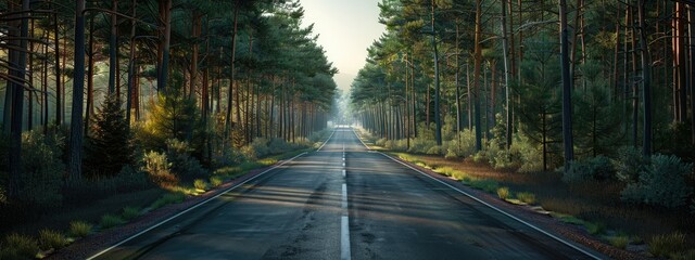 Wall Mural - The road is empty and between the sides is a pine forest 