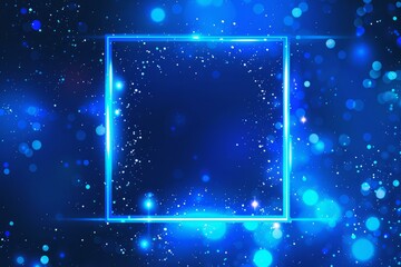 Poster - Abstract blue background with glowing neon square frame and bokeh lights effect