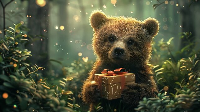 A curious bear cub, portrayed as a teddy, grasps a ribbon-tied present, surrounded by an otherworldly forest aura