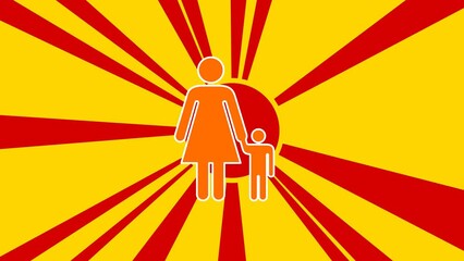 Poster - Woman with child symbol on the background of animation from moving rays of the sun. Large orange symbol increases slightly. Seamless looped 4k animation on yellow background