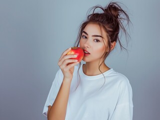 Wall Mural - beautiful young woman in white t-shirt eating a red apple, healthy diet food concept