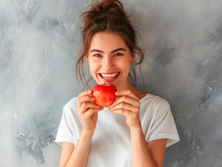 Wall Mural - beautiful young woman in white t-shirt eating a red apple, healthy diet food concept