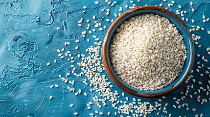 white sesame seeds on a bright blue background