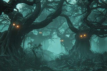 Wall Mural - Spooky Forest: A dense, foggy forest with twisted