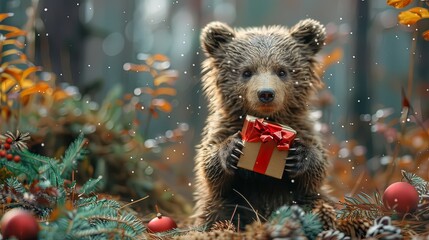 Wall Mural - A cute bear cub is nestled among forest foliage holding a gift box with a shiny ribbon, evoking a sense of surprise and joy