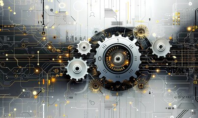 Wall Mural - gear made of iron with a squid board background and light beams from above and below it. a technolog