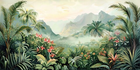 Colorful tropical rainforest. palm leaves and other plants. Aloha textile collection. Tropical forest with dense vegetation of trees, shrubs and vines. AI generated illustration