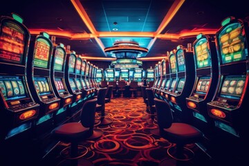 Casino slot machines in row. Slot Machine. Jackpot. Casino slot machine with jackpot.  gambling concept. Casino concept. Big win 777 lottery. Casino Jackpot. 777 Big win concept. Casino interior.