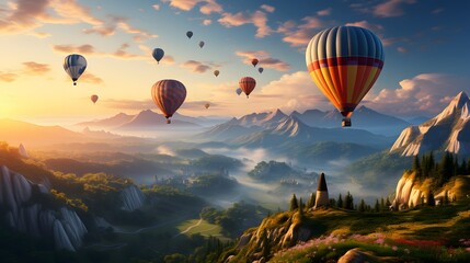 the mountains with air balloons flying over and sunlight, Hot air balloons flying in the sky during sunrise over beautiful landscape, colorful hot air balloon gently floats over the unique