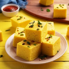 Wall Mural - Indian traditional gujarati street food khaman dhokla on yellow background