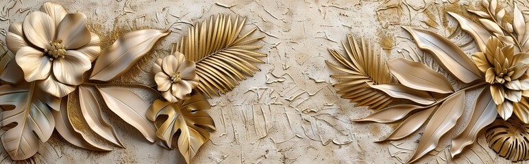 Gold floral plants and palm leaves Wallpaper Mural, 3d illustration, grey background, abstract tropical leaves, banana leaves with 3d lines. AI generated illustration