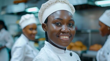 Wall Mural - Smiling african female bakers looking at camera.Team of professional cooks in uniform, restaurant in kitchen.