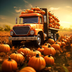 Wall Mural - Cargo truck carrying orange pumpkins fruit in an orchard with sunset. Concept of food production, transportation, cargo and shipping.